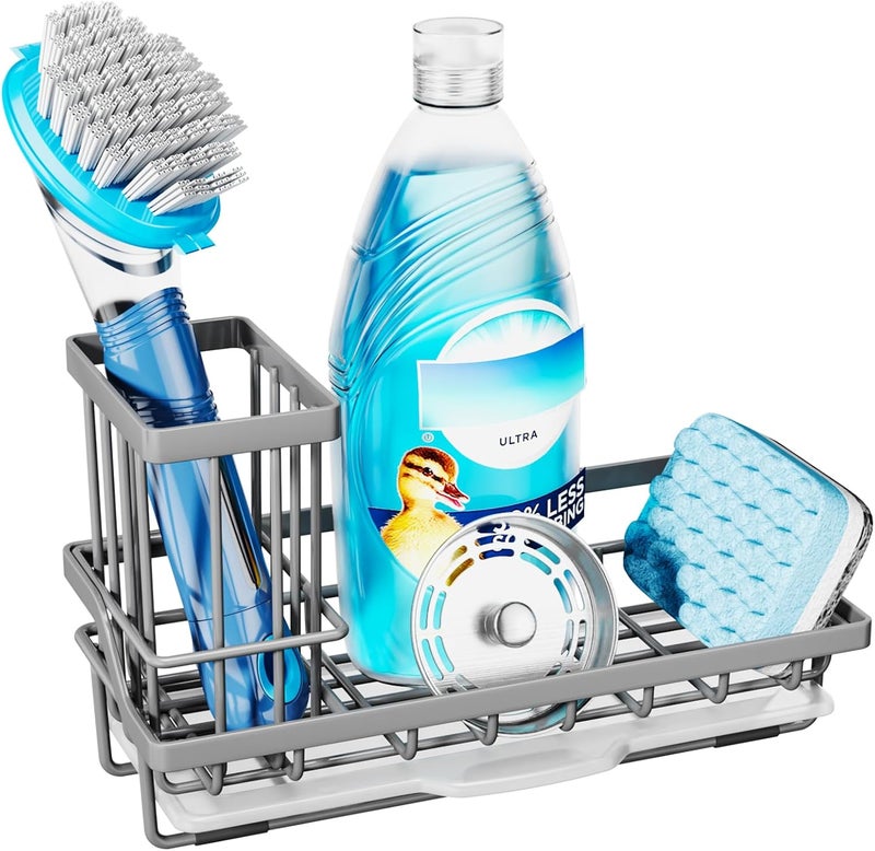Consumest Sponge Holder for Kitchen Sink - Kitchen Sink Caddy Organizer with Removable Drip Tray for Countertop Dish Soap Dispenser Brush Storage Accessories 304 Stainless Steel, Grey - Image 1